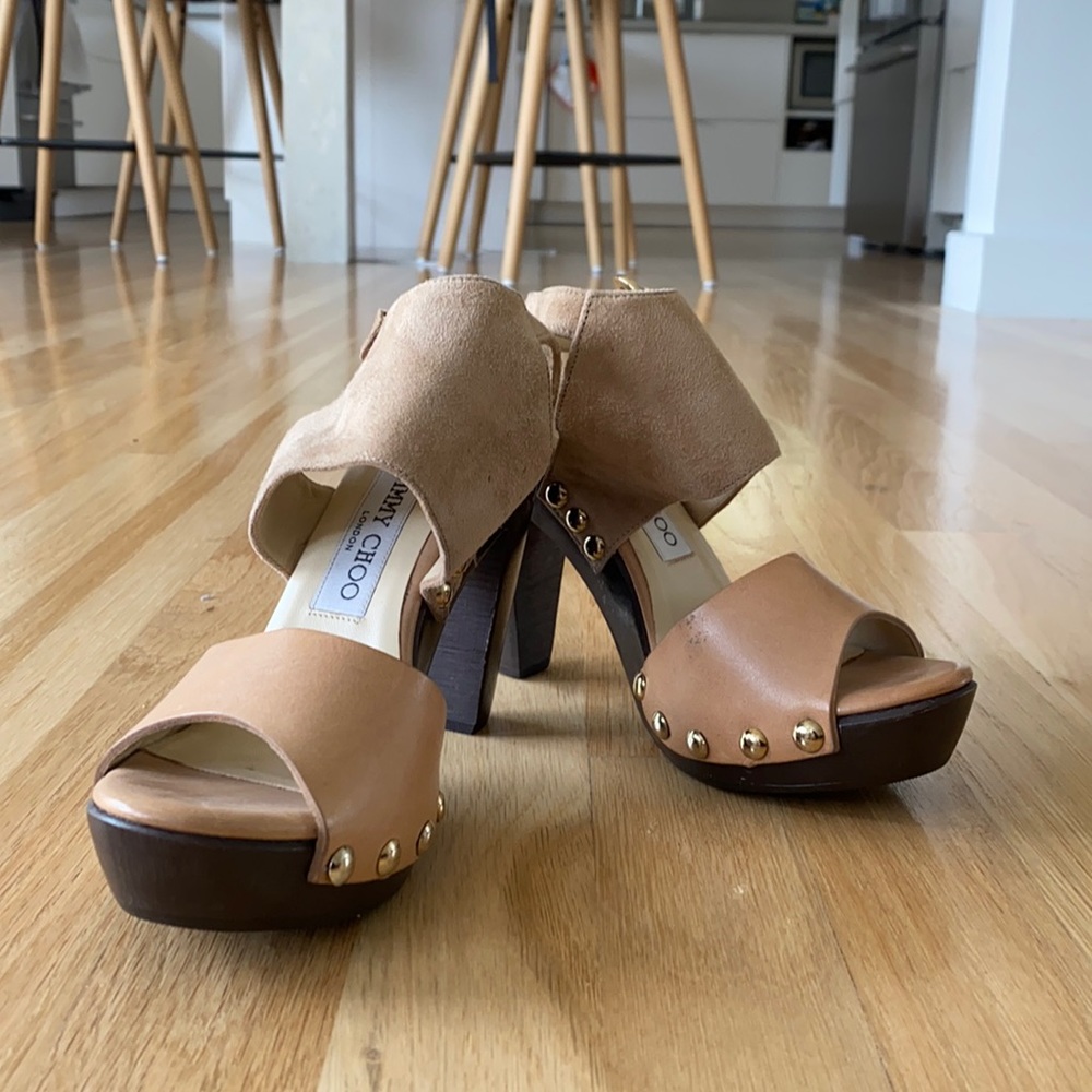 Jimmy Choo leather and suede wood platform sandals